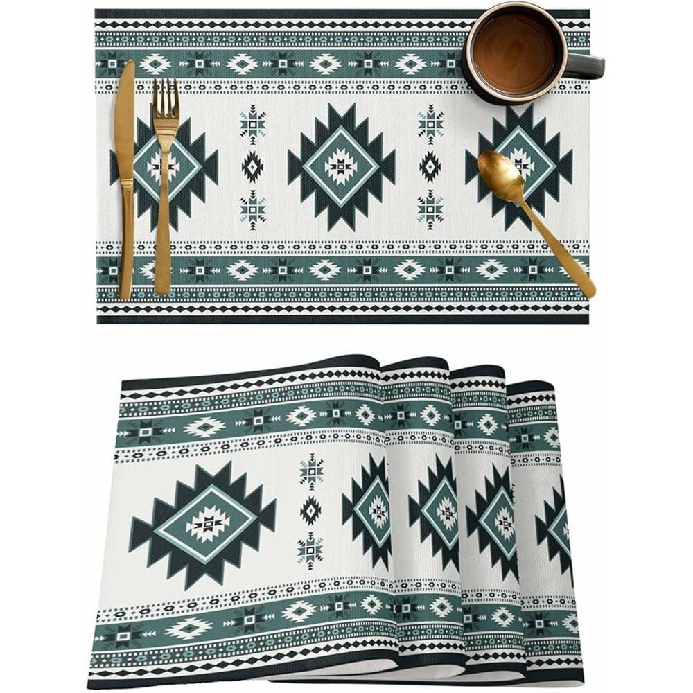 Set of 4 Placemats, Non Slip Washable Table Place Mats- Green Aztec